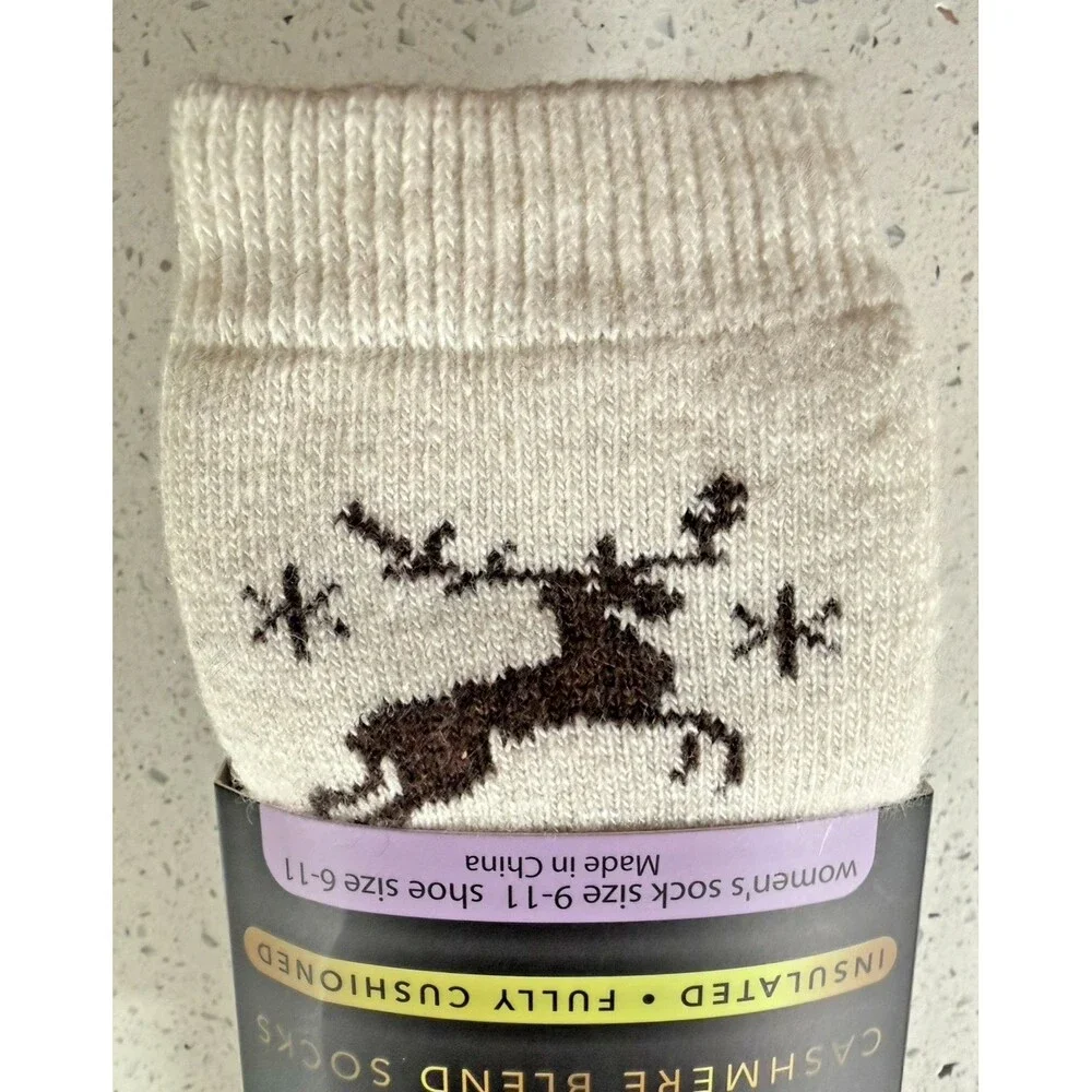 Luxe Cashmere Blend Ladies Reindeer Socks Ivory Pink 2 Pair Stocking Stuffer
